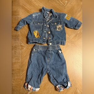 Vintage Y2K Disney Baby Tigger Denim Jacket Pants Set Infant 3-6 Blue And Plaid